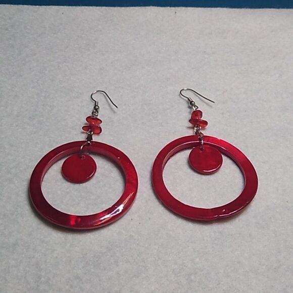 Elegant Candy Apple Red Hoop Earrings Silver Tone Metal Bold and Fun - Picture 3 of 5